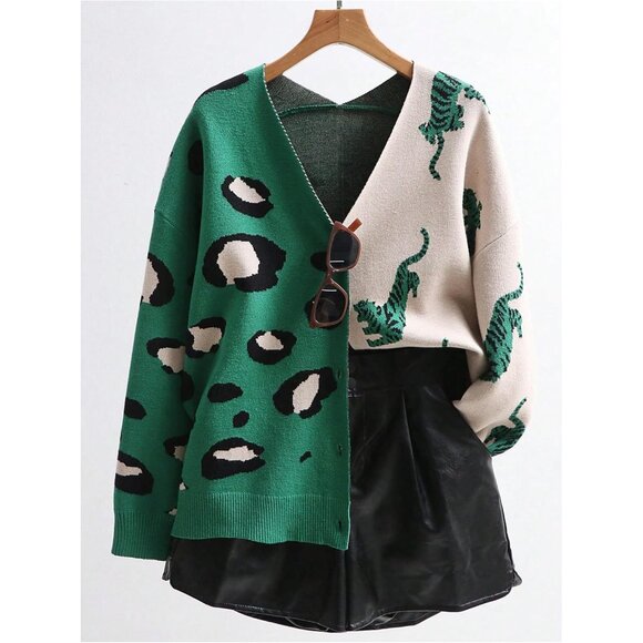 Women's Leopard Tiger Print Cardigan V Neck Long Sleeve Color Block Sweater - Picture 6 of 7